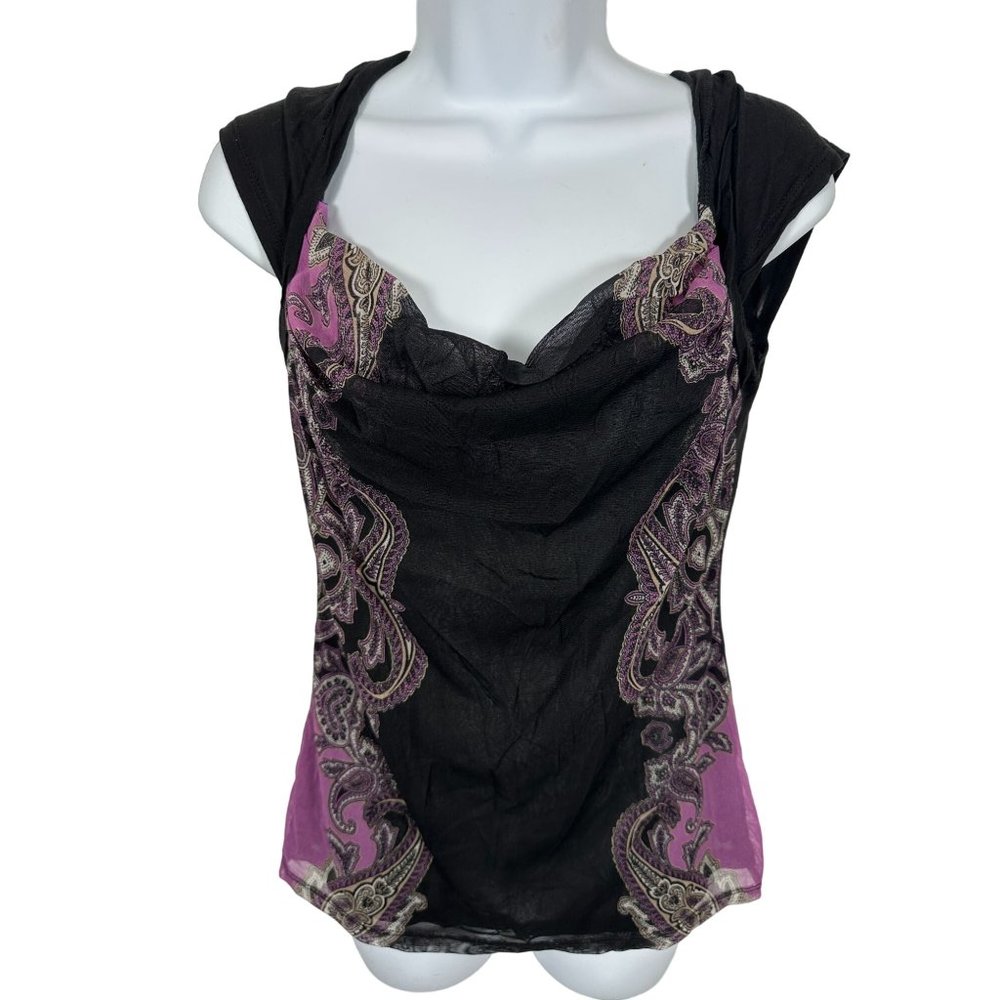 Vintage INC Medium Top Blouse Womens Y2K 90s Black Purple Stretch Sexy Femme